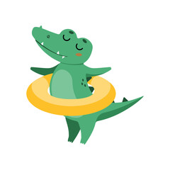 Cute crocodile with rubber ring cartoon illustration. Funny alligator with rubber ring. Jungle, predator animal concept