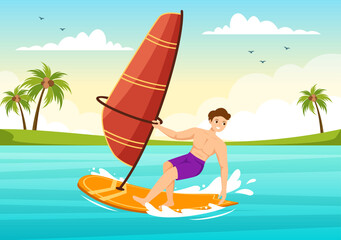 Obraz premium Windsurfing with the Person Standing on the Sailing Boat and Holding the Sail in Extreme Water Sport Flat Cartoon Hand Drawn Templates Illustration