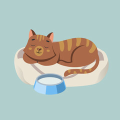 Cute brown cat cartoon character with milk illustration. Comic domestic sleeping animal with milk or water in bowl isolated on blue background. Pets, food concept