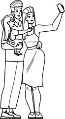 family selfie line pencil drawing vector. happy father mother daughter, child young, photo lifestyle, vacation summer family selfie character. people Illustration