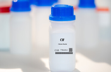 ClF chlorine fluoride CAS 7790-89-8 chemical substance in white plastic laboratory packaging