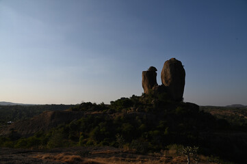Evening view of rock Formation on the hills of Ramnagar, Karnataka, India