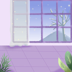 Illustration of room in winter, the purple room illustration, winter mood, interior illustration 