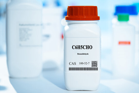 C6H5CHO benzaldehyde CAS 100-52-7 chemical substance in white plastic laboratory packaging