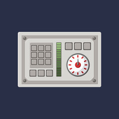 Control panel with buttons and dial cartoon illustration. Retro console with buttons. Metal dashboard or display of spacecraft or space ship. Equipment, machine, computer concept