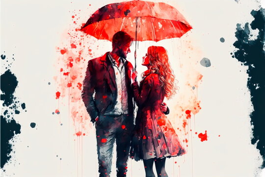 Young man and woman in dress and shoes. romantic under an umbrella. background with splashes of paint. Love