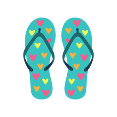Blue flip flops flat vector illustration. Rubber slippers with graphic pattern of hearts for walking in street or on beach on white background. Footwear, shoes, summer concept