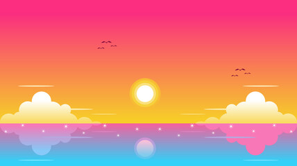 landscape of coast beautiful sea beach at sunset  flat vector illustration