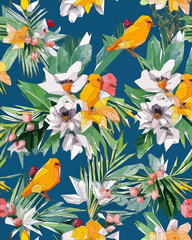 Birds, jungle and floral illustration with outlines. Pattern for wallpapers, fabrics, wrappers, postcards, greeting cards, wedding invitations, banners.
