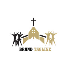 Stick figure of people going to the Church with the whole family. A family of four prays to God.Church and people logo.For logo community church.