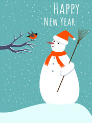Snowman with a red hat and scarf looks at the bullfinch bird on a branch. Christmas or new year card. 