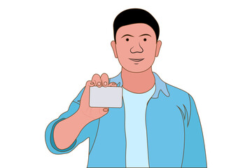 flat character boy holding white blank business card