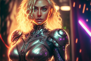 Hübsche junge Frau mit blonden Haaren und silbernen Anzug, AI generativ