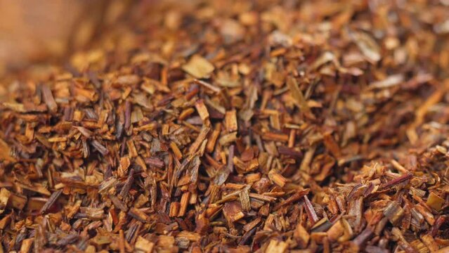 Rooibos close-up, Macro of redbush tea close-up. Leaving South Africa. Selective focus