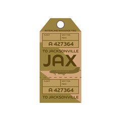 Vintage rectangular suitcase label or ticket design with Jacksonville for plane trips. Retro tag for luggage at airport flat vector illustration. Traveling concept
