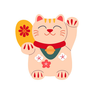 Japanese national lucky cat toy vector illustration. Drawing of lucky maneki neko or cat for good fortune. Japan or Asia, culture concept