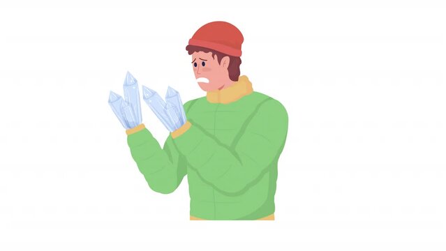 Animated frozen hands. Winter hazards. Cold weather. Full body flat person on white background with alpha channel transparency. Colorful cartoon style HD video footage of character for animation