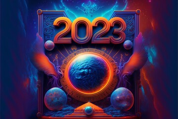 Neujahr 2023 psychedelische Zeichnung AI generativ - obrazy, fototapety, plakaty