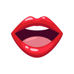 Wide open female mouth with red lipstick isolated on white background. Sexy lips of woman or girl flat vector illustration. Expressions, emotions, beauty concept
