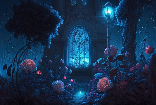 beautiful rose garden with glowing blue light at night time