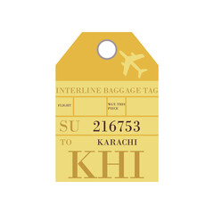 Vintage yellow suitcase label or ticket design with Karachi for plane trips. Retro tag for luggage at airport flat vector illustration. Traveling concept