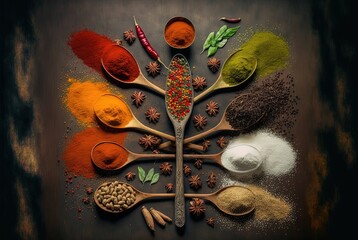 illustration of spice and seasoning powder in spoon, various, many different in color and aroma spice, grunge background - obrazy, fototapety, plakaty