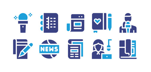 Journalism icon set. Duotone color. Vector illustration. Containing press, journal, article, diary, reporter, news, broadcasting, magazine.