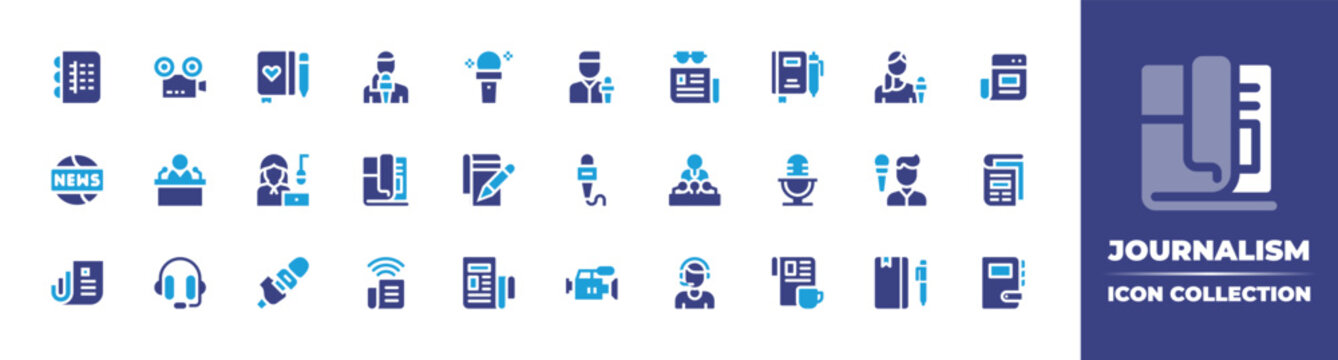 Journalism Icon Collection. Duotone Color. Vector Illustration. Containing Journal, Video, Diary, Reporter, Press, Journalist, Journalism, Article, News, Broadcasting, Magazine, Microphone, And More.