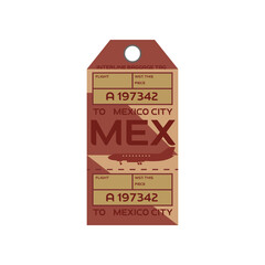 Vintage rectangular suitcase label or ticket design with Mexico for plane trips. Retro tag for luggage at airport flat vector illustration. Traveling concept