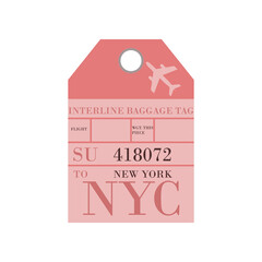 Vintage pink suitcase label or ticket design with New York for plane trips. Retro tag for luggage at airport flat vector illustration. Traveling concept