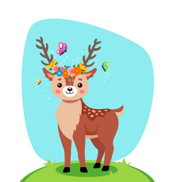 Cute comic deer with flower crown on hill vector illustration. Cartoon drawing of adorable wild animal character with butterflies isolated on white background. Spring, wildlife, nature concept
