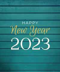 2023 New year Celebration New year 2023 Text Greeting With Wood Texture Background Happy New year 2023 Beautiful colorful Shiny Display at Night Background. Holiday poster or banner design.