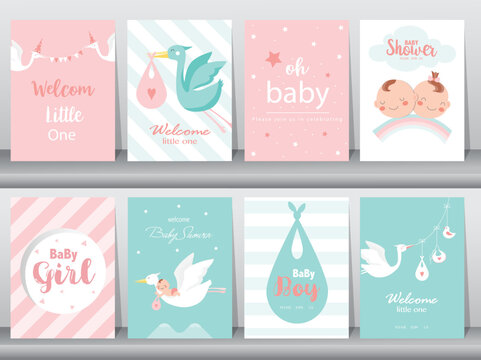 Baby shower invitations cards with babies boy and girl,cute design,poster,template,storks,Vector illustrations.