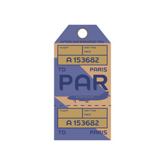 Vintage rectangular suitcase label or ticket design with Paris for plane trips. Retro tag for luggage at airport flat vector illustration. Traveling concept
