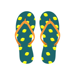 Green flip flops flat vector illustration. Rubber slippers with graphic pattern of lemons for walking in street or on beach on white background. Footwear, shoes, summer concept