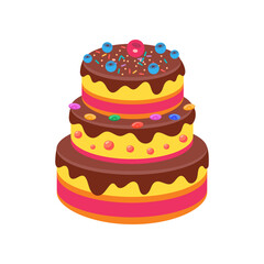 Completed cake cartoon illustration. Baked and decorated pastry. Birthday chocolate frosted cake. Dessert recipe, instruction for cooking pie concept