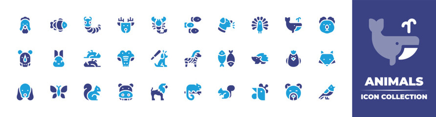 Animals icon collection. Duotone color. Vector illustration. Containing chicken, clown fish, caterpillar, deer, scorpion, fishes, bark, peacock, whale, koala, rhino, rabbit, birds, and more.