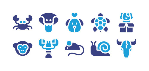 Animals icon set. Duotone color. Vector illustration. Containing crab, cobra, dog, animal, adopted, monkey, mouse, snail, skull.