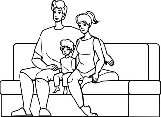 family watching tv line pencil drawing vector. television father mother, indoors happy, sitting boy, home together, sofa child, son, fun entertainment family watching tv character. people Illustration
