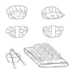 Sushi set on a board, line art. vector illustration on a white background