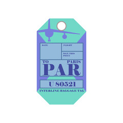 Vintage suitcase label or ticket design with Paris for plane trips. Retro tag for luggage at airport flat vector illustration. Traveling concept