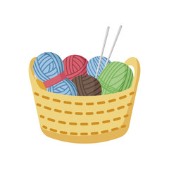 Basket with balls of yarn and needles cartoon illustration. Cartoon drawing of wool, knitting accessory isolated on white background. Needlework, handicraft, hobby concept