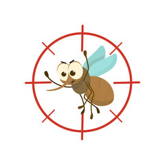 Mosquito target. Red prohibiting sign with insect cartoon illustration. Malaria, epidemic, contamination concept