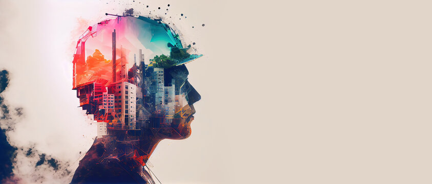 Banner of building construction engineering project devotion with double exposure design in head. Industrial and architecture. Neural network generated art. Not based on any actual scene or pattern.