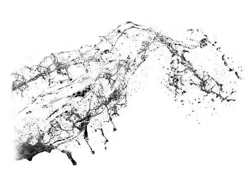 Black water splash isolated on transparent background. Royalty high-quality free stock PNG image of overlays realistic Clear water splash, Hydro explosion, aqua dynamic motion element spray droplets