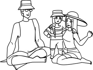 family yacht line pencil drawing vector. water boat, ship travel, leisure young, sailboat vacation, summer happy sea, trip, deck ocean, sail family yacht character. people Illustration