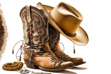 Old cowboy boots with hat on top isolated on white background