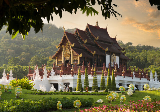 Royal Flora Ratchaphruek Park towards sunset time. The temple of Grand Pavilion or Hor Kam Luang temple. Chiang Mai, Thailand.