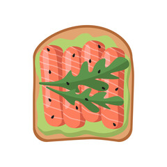 Slice of bread with salmon and aragula. Sandwich with different ingredients vector illustration. Food, healthy lifestyle concept