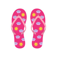 Pink flip flops flat vector illustration. Rubber slippers with graphic pattern of suns and clouds for walking in street or on beach on white background. Footwear, shoes, summer concept